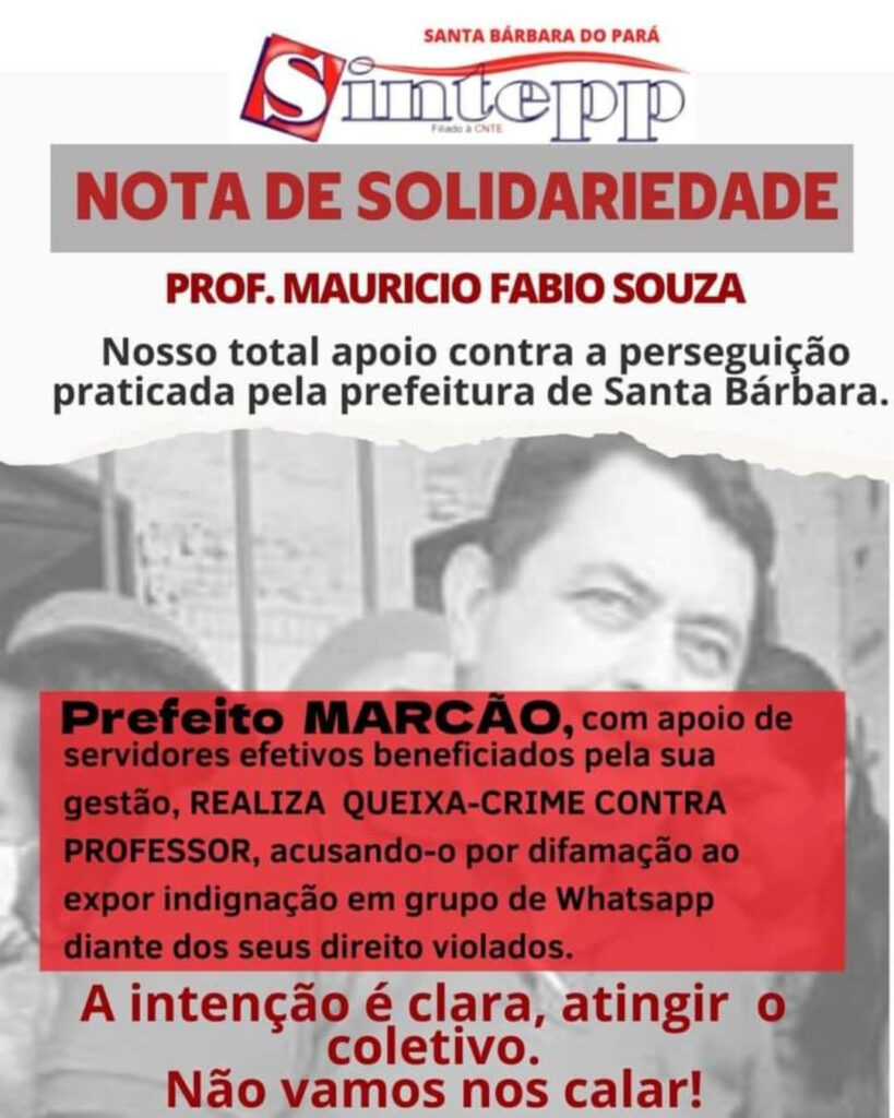 Nota de solidariedade Sintepp Santa Bárbara – Thaís Rodrigues e Mauricio Souza