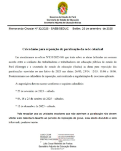 Calendário de reposição das paralisações da rede estadual