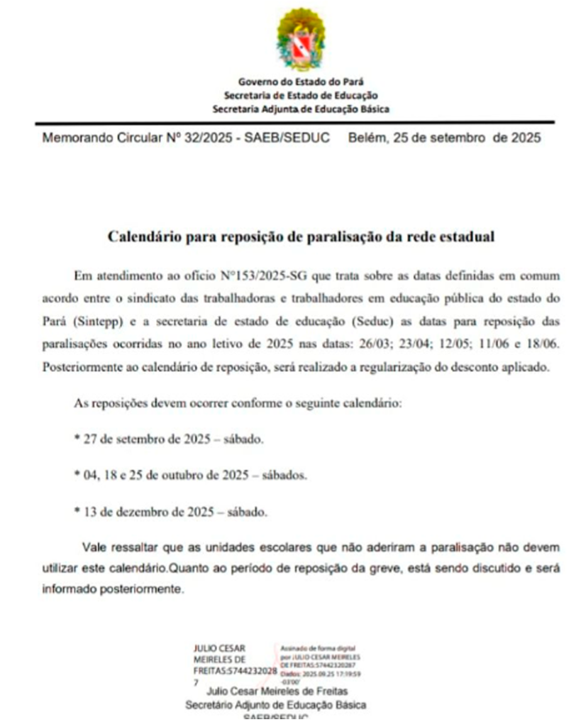 Calendário de reposição das paralisações da rede estadual