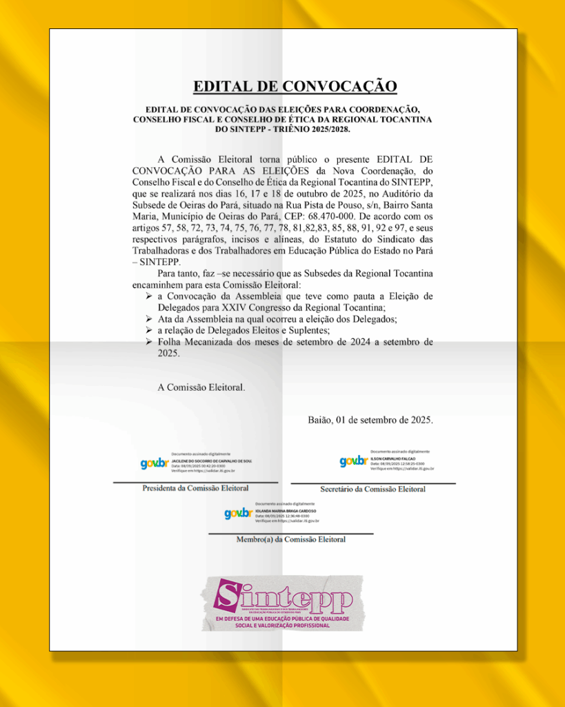 Edital de Eleição para Coordenação, Conselho Fiscal e de Ética da Regional Tocantina