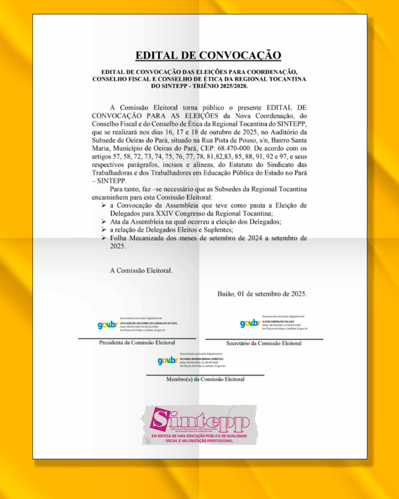 Edital de Eleição para Coordenação, Conselho Fiscal e de Ética da Regional Tocantina